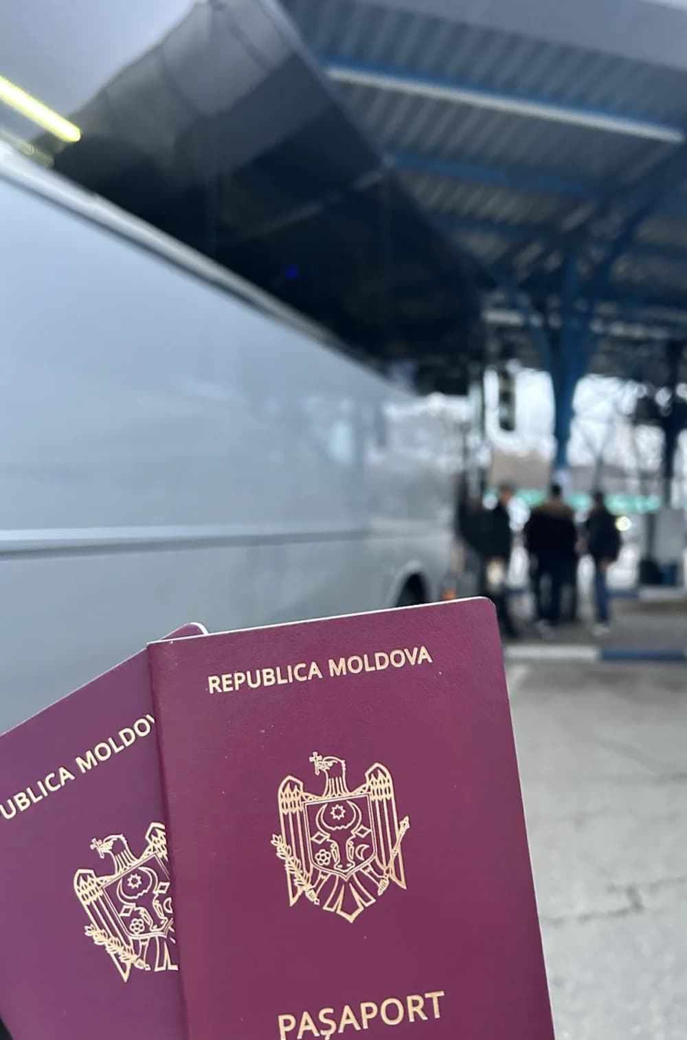 Pașapoarte moldovenești în fața autocarului Micora Trans